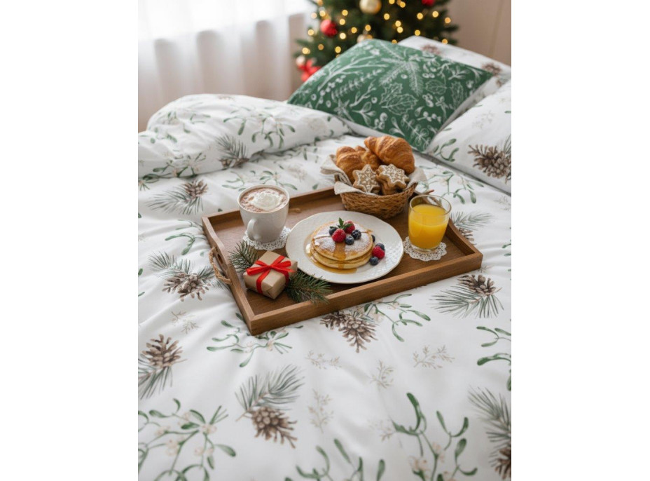 Bavlněné povlečení SCANDIC Jmelí a větvičky - bílé/zelené - 220x200 cm