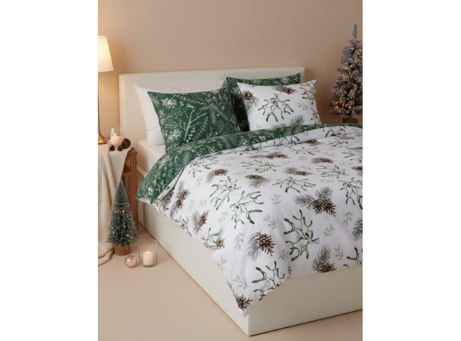 Bavlněné povlečení SCANDIC Jmelí a větvičky - bílé/zelené - 220x200 cm