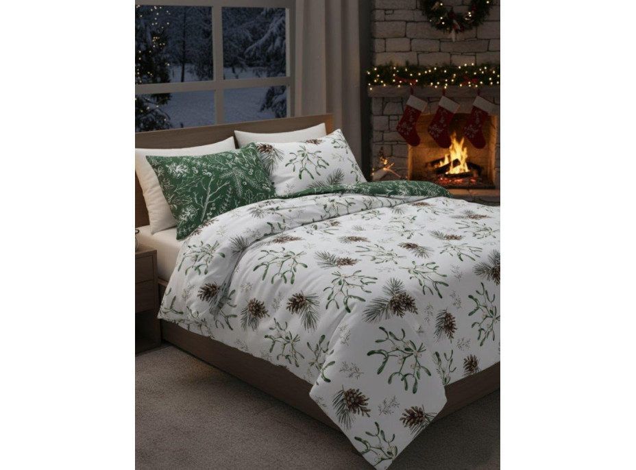 Bavlněné povlečení SCANDIC Jmelí a větvičky - bílé/zelené - 220x200 cm