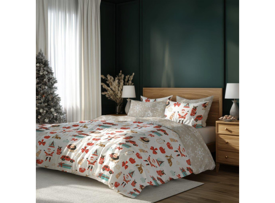 Ložní povlečení z mikrovlákna HOLLY JOLLY Vánoční motivy - bílé/béžové - 140x200 cm