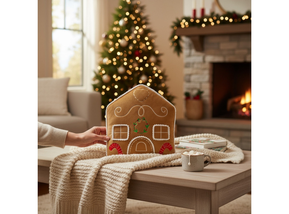 Tvarovaný polštář PERNÍKOVÝ DOMEČEK - 35x25 cm