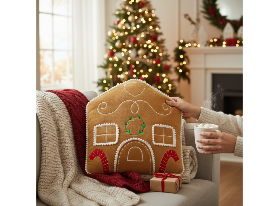 Tvarovaný polštář PERNÍKOVÝ DOMEČEK - 35x25 cm