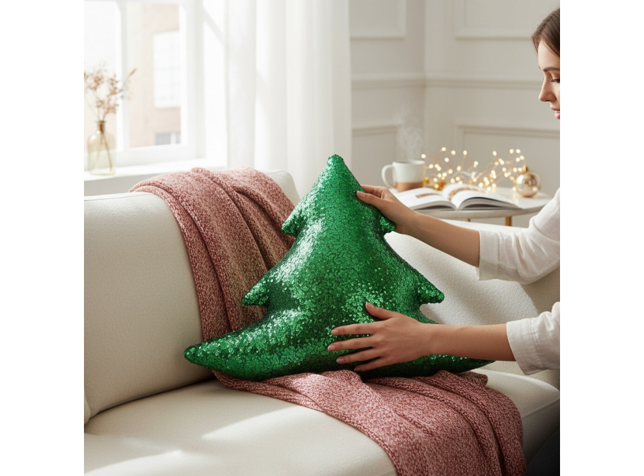 Tvarovaný polštář GLITTER TREE Stromeček - 40 cm - zelený