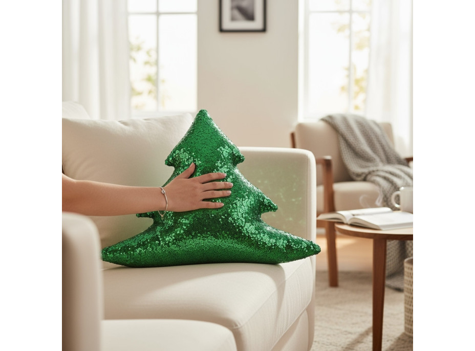Tvarovaný polštář GLITTER TREE Stromeček - 40 cm - zelený