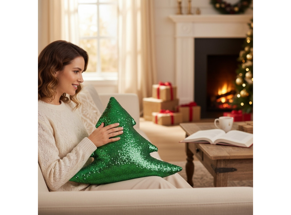 Tvarovaný polštář GLITTER TREE Stromeček - 40 cm - zelený