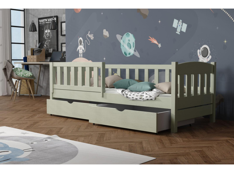 Dětská postel z masivu borovice BEN se šuplíky - 190x90 cm - OLIVOVĚ ZELENÁ