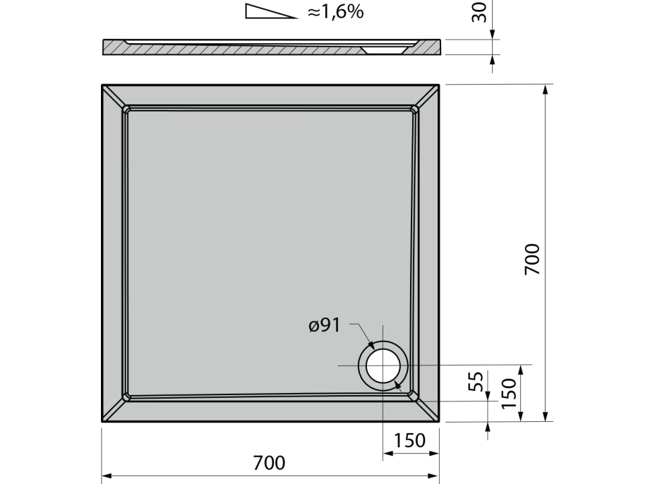 Polysan AURA sprchová vanička z litého mramoru, čtverec 70x70cm, bílá 41651