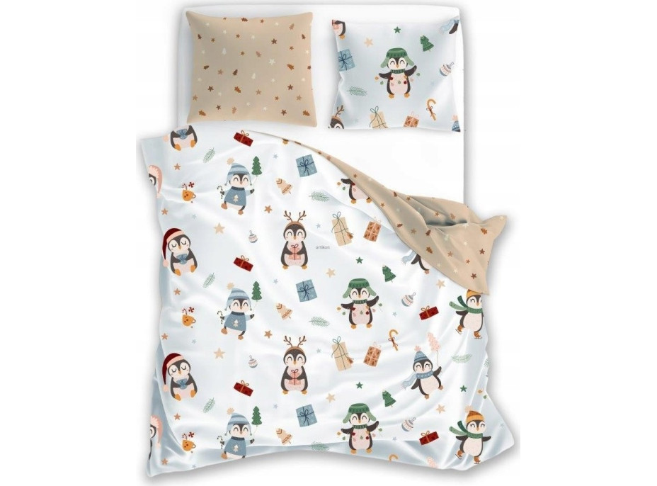 Bavlněné povlečení SCANDIC Tučňáci s dárečky - bílé/béžové - 220x200 cm