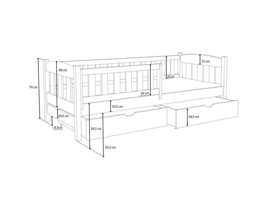 Dětská postel z masivu borovice BEN se šuplíky - 190x90 cm - KAŠMÍROVÁ