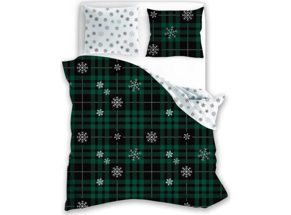 Bavlněné povlečení NORDIC Vločky - tmavě zelené/bílé - 160x200 cm + 2x 70x80 cm