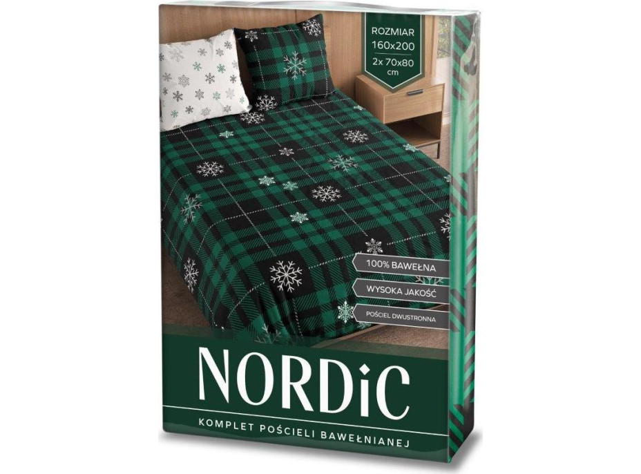 Bavlněné povlečení NORDIC Vločky - tmavě zelené/bílé - 160x200 cm + 2x 70x80 cm