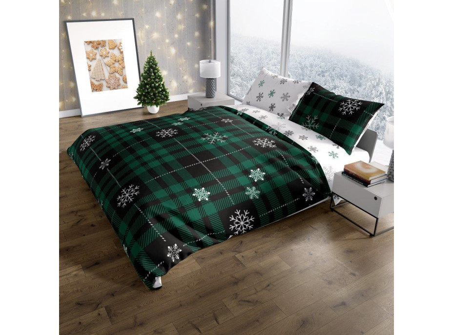 Bavlněné povlečení NORDIC Vločky - tmavě zelené/bílé - 160x200 cm + 2x 70x80 cm
