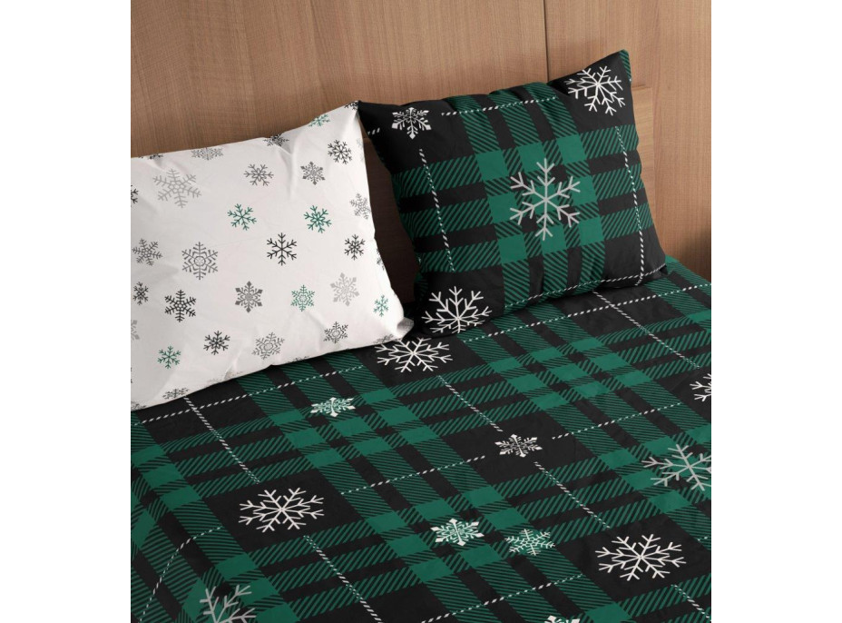 Bavlněné povlečení NORDIC Vločky - tmavě zelené/bílé - 160x200 cm + 2x 70x80 cm