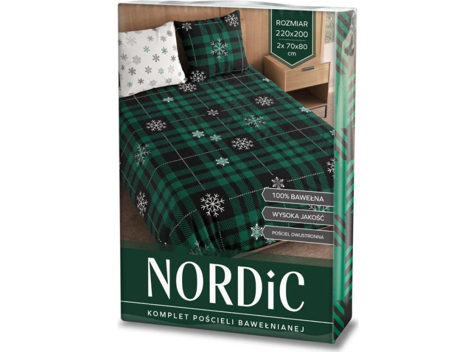 Bavlněné povlečení NORDIC Vločky - tmavě zelené/bílé- 220x200 cm + 2x 70x80 cm
