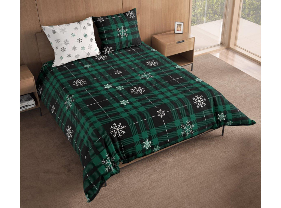Bavlněné povlečení NORDIC Vločky - tmavě zelené/bílé- 220x200 cm + 2x 70x80 cm