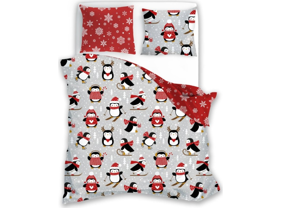 Bavlněné povlečení SCANDIC Tučňáci - šedé/červené - 140x200 cm