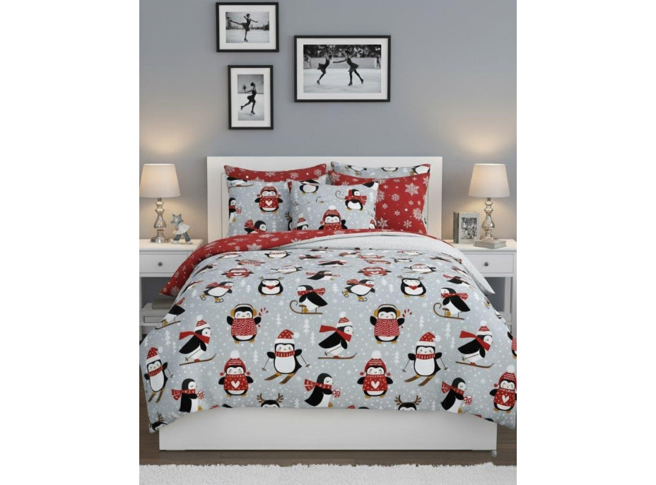 Bavlněné povlečení SCANDIC Tučňáci - šedé/červené - 140x200 cm