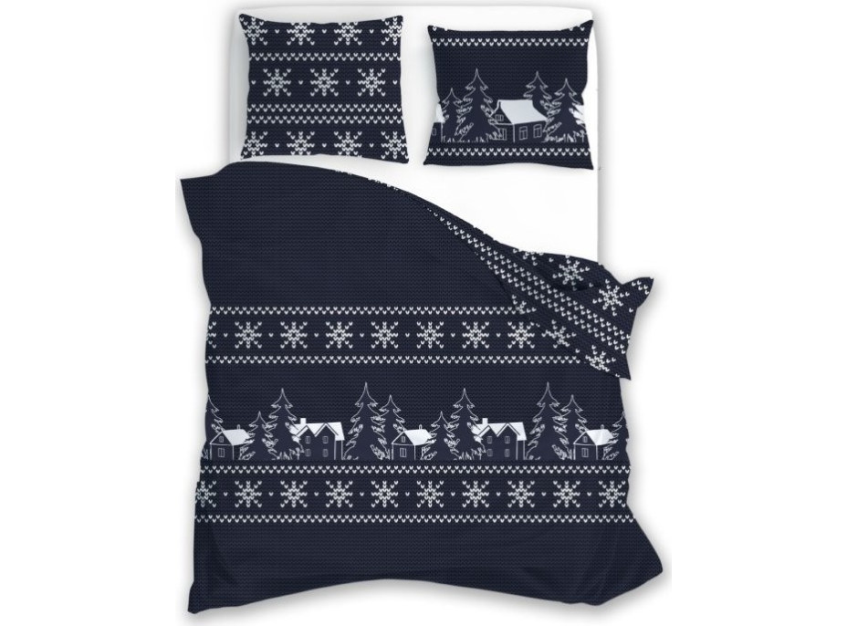 Bavlněné povlečení SCANDIC Zimní vesnice - tmavě modré - 160x200 cm