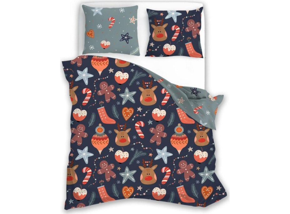 Ložní povlečení z mikrovlákna HOLLY JOLLY Vánoční motiv - tmavě modré/šedé - 160x200 cm