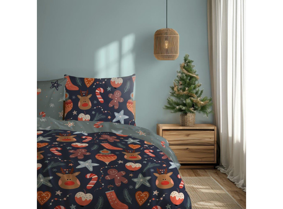 Ložní povlečení z mikrovlákna HOLLY JOLLY Vánoční motiv - tmavě modré/šedé - 160x200 cm