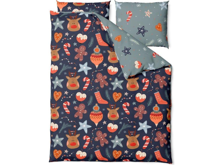 Ložní povlečení z mikrovlákna HOLLY JOLLY Vánoční motiv - tmavě modré/šedé - 160x200 cm