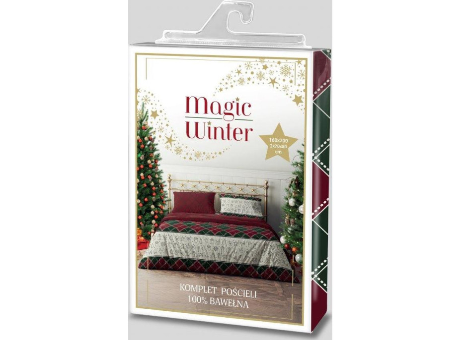 Bavlněné povlečení MAGIC WINTER Káro - zelené/červené - 160x200 cm