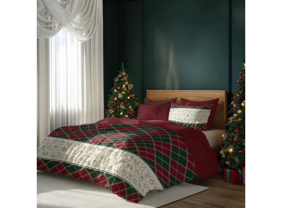 Bavlněné povlečení MAGIC WINTER Káro - zelené/červené - 160x200 cm