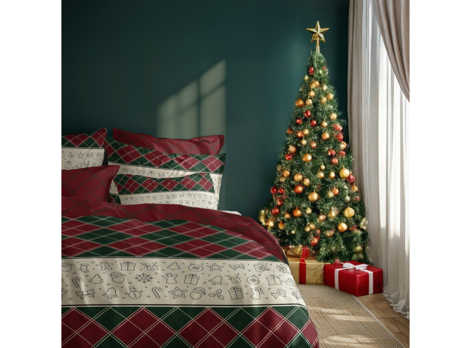 Bavlněné povlečení MAGIC WINTER Káro - zelené/červené - 160x200 cm