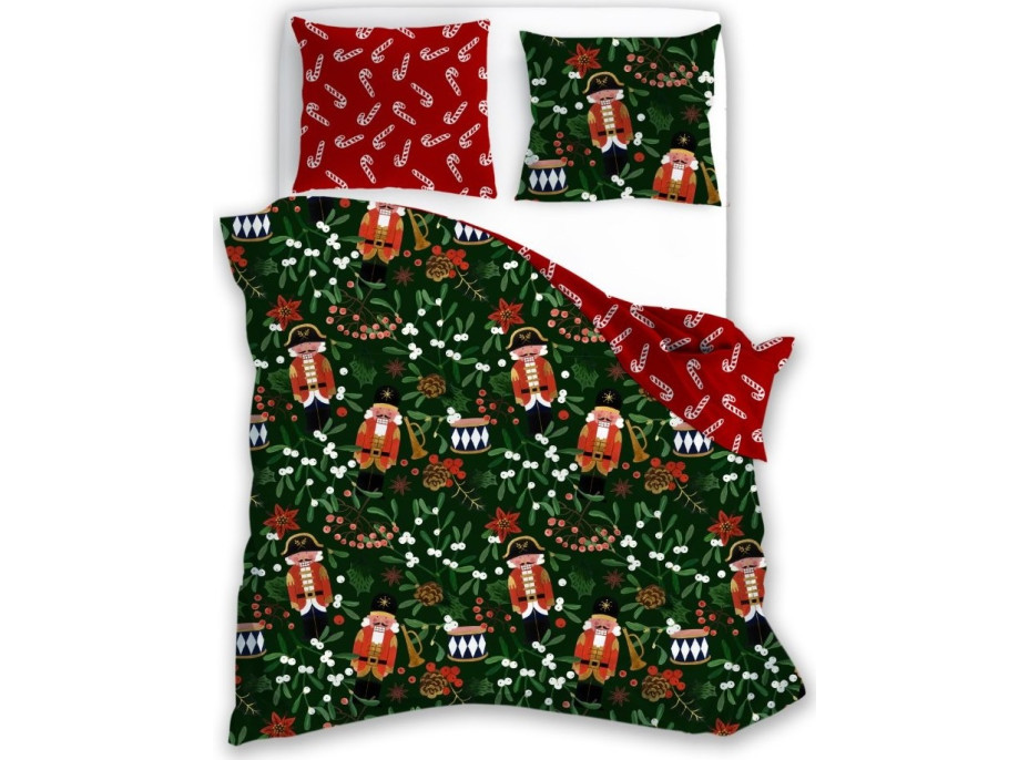 Bavlněné povlečení MAGIC WINTER Louskáčci a jmelí - tmavě zelené/červené - 160x200 cm