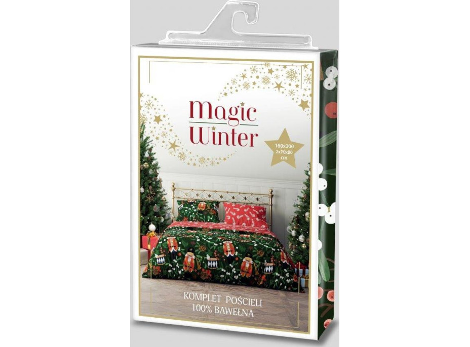 Bavlněné povlečení MAGIC WINTER Louskáčci a jmelí - tmavě zelené/červené - 160x200 cm