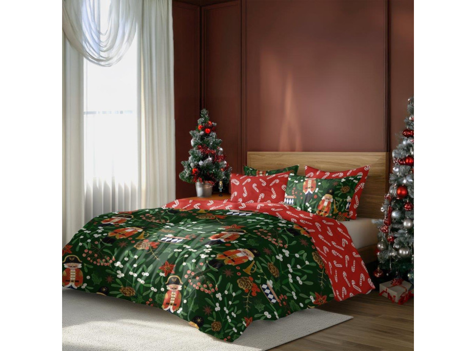 Bavlněné povlečení MAGIC WINTER Louskáčci a jmelí - tmavě zelené/červené - 160x200 cm