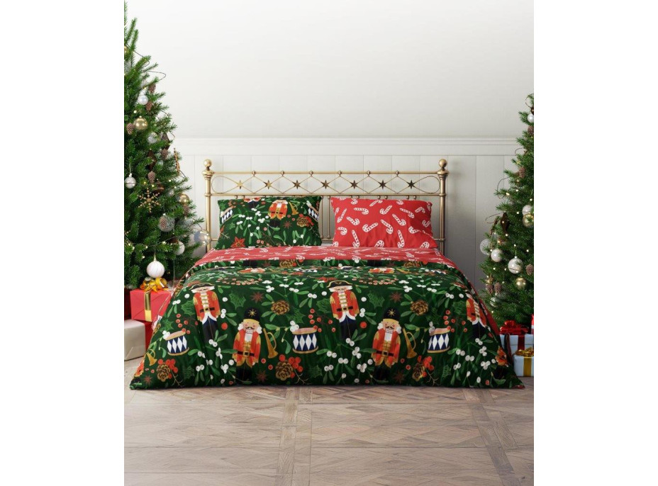 Bavlněné povlečení MAGIC WINTER Louskáčci a jmelí - tmavě zelené/červené - 160x200 cm