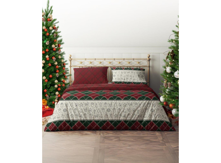 Bavlněné povlečení MAGIC WINTER Káro - zelené/červené - 220x200 cm