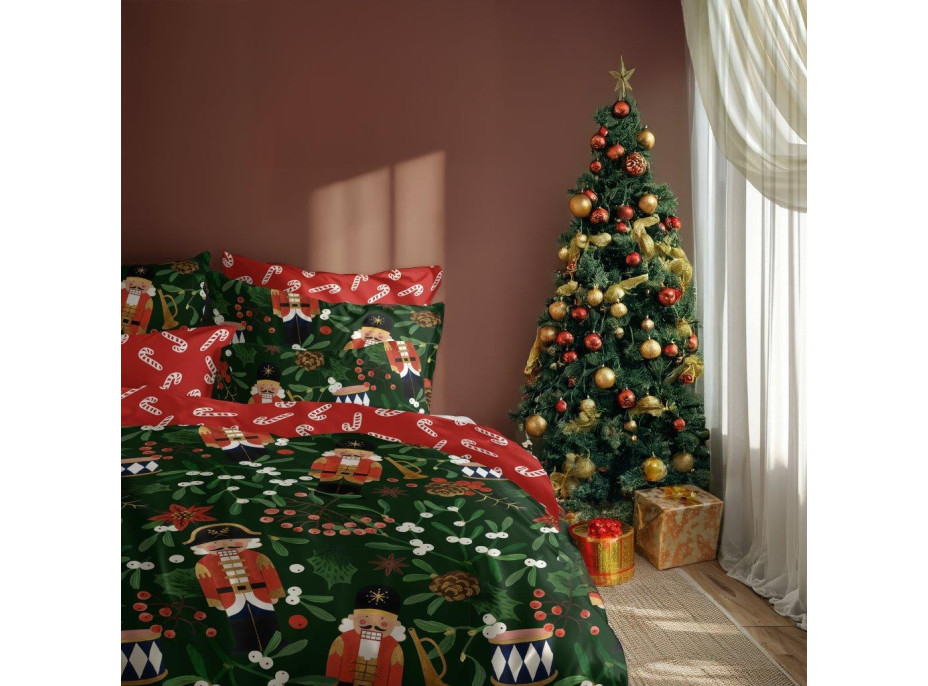 Bavlněné povlečení MAGIC WINTER Louskáčci a jmelí - tmavě zelené/červené - 220x200 cm