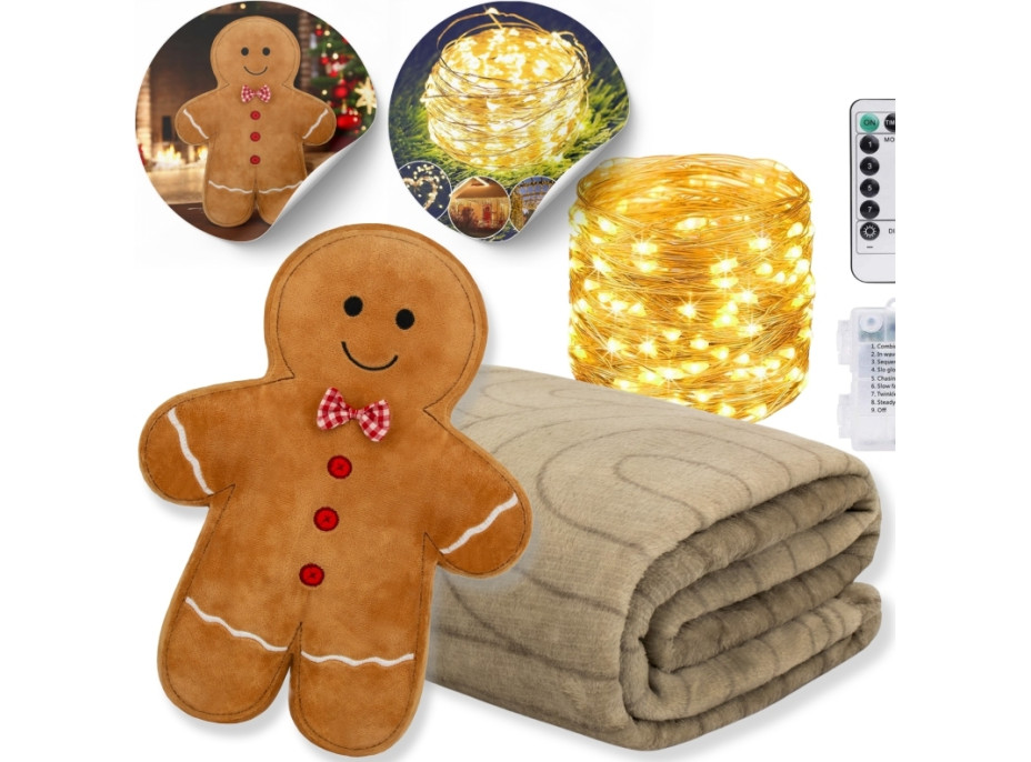 Vánoční sada PERNÍČEK - deka 130x170 cm + tvarovaný polštářek + LED světelný závěs