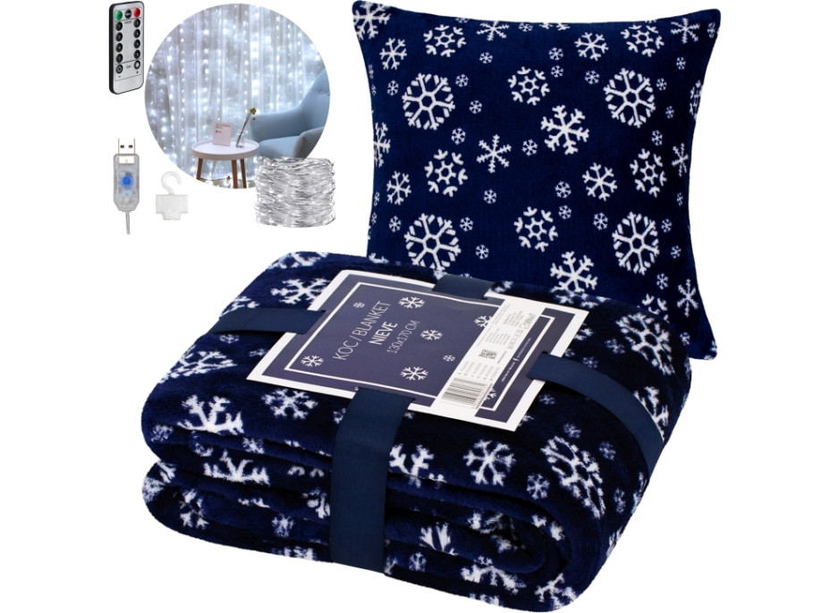 Vánoční sada NIEVE - deka 130x170 cm + povlak na polštář + LED světelný závěs