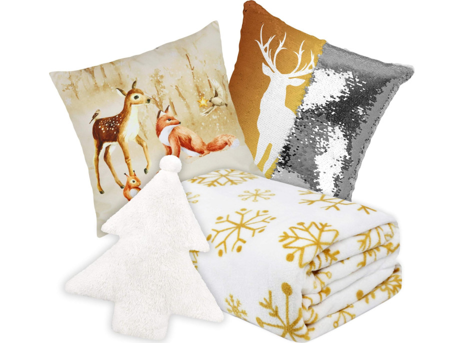 Vánoční sada NIEVE - deka 150x200 cm + povlaky na polštář + tvarovaný polštář Stromeček
