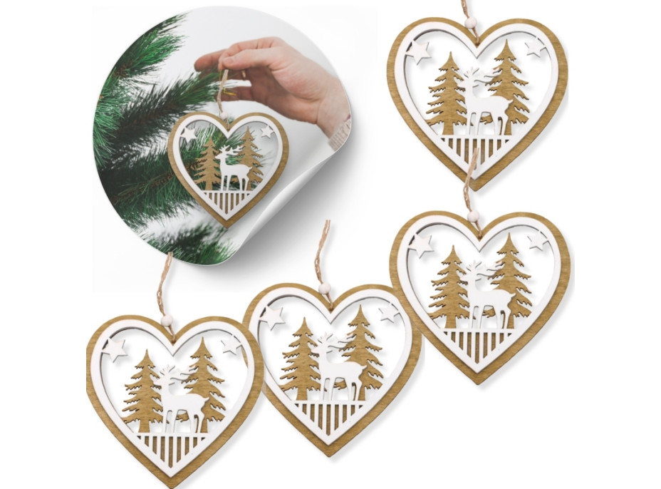 Vánoční dřevěné ozdoby na stromeček - Srdíčko - 4 kusy