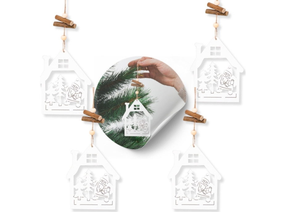 Vánoční dřevěné ozdoby na stromeček Bílý domeček - 4 kusy