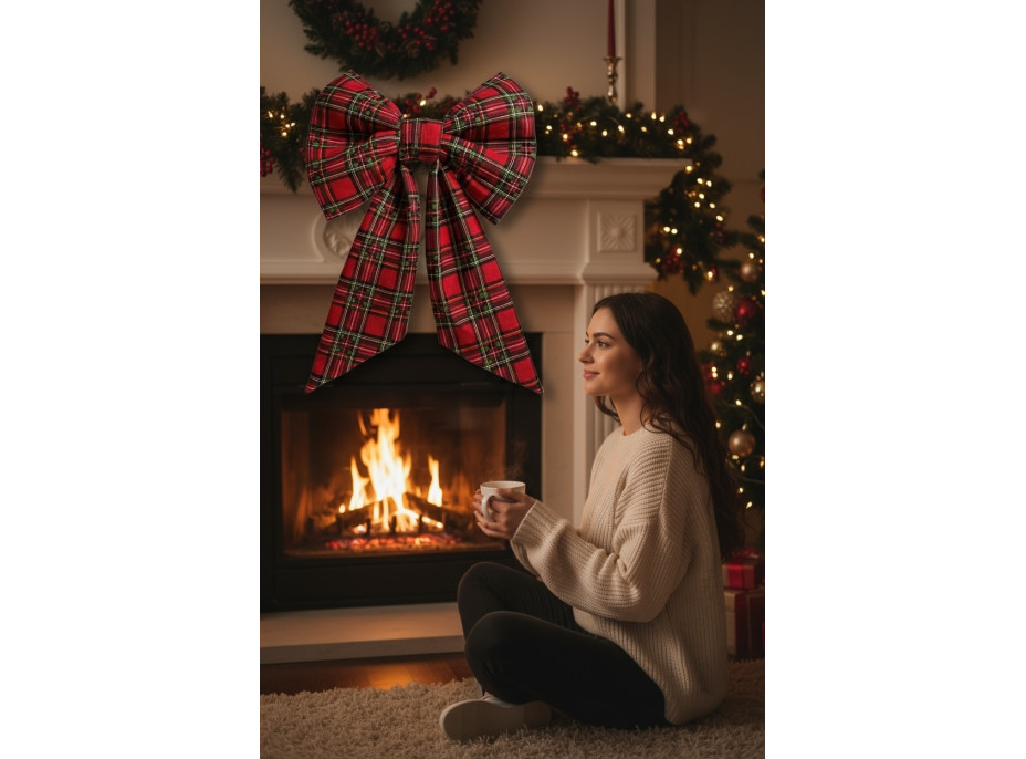 Ozdobná mašle DECO Glam Bow 50x40+50 cm - károvaná červená