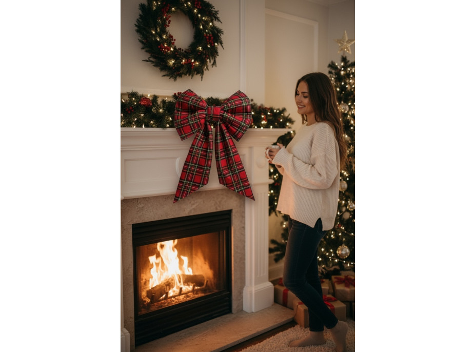 Ozdobná mašle DECO Glam Bow 50x40+50 cm - károvaná červená