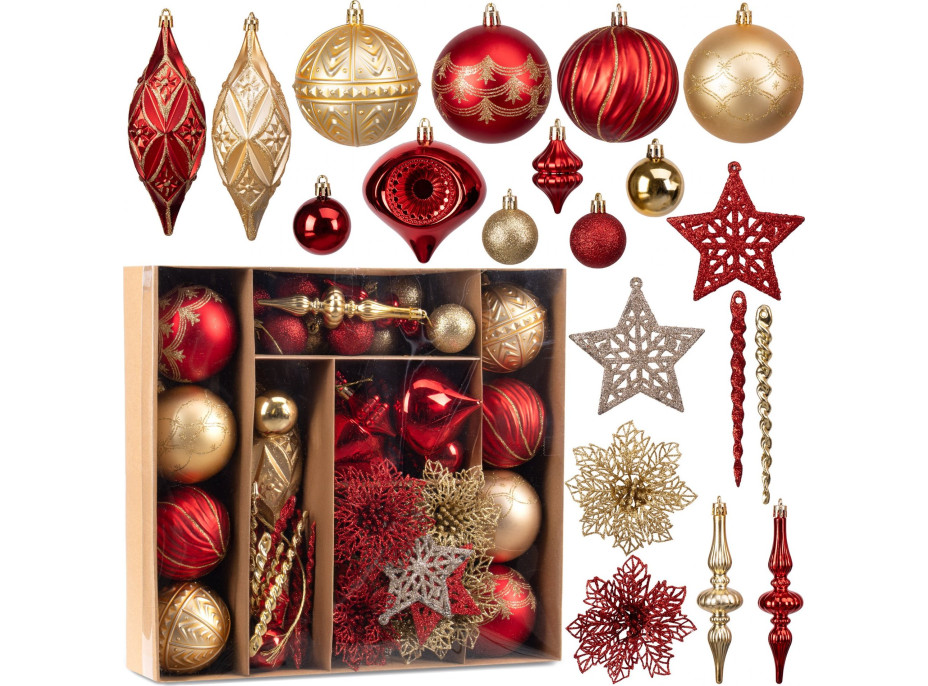 Sada vánočních ozdob na stromeček MARIEN - 70 kusů - červené/zlaté