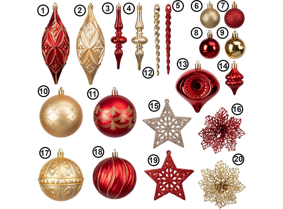 Sada vánočních ozdob na stromeček MARIEN - 70 kusů - červené/zlaté