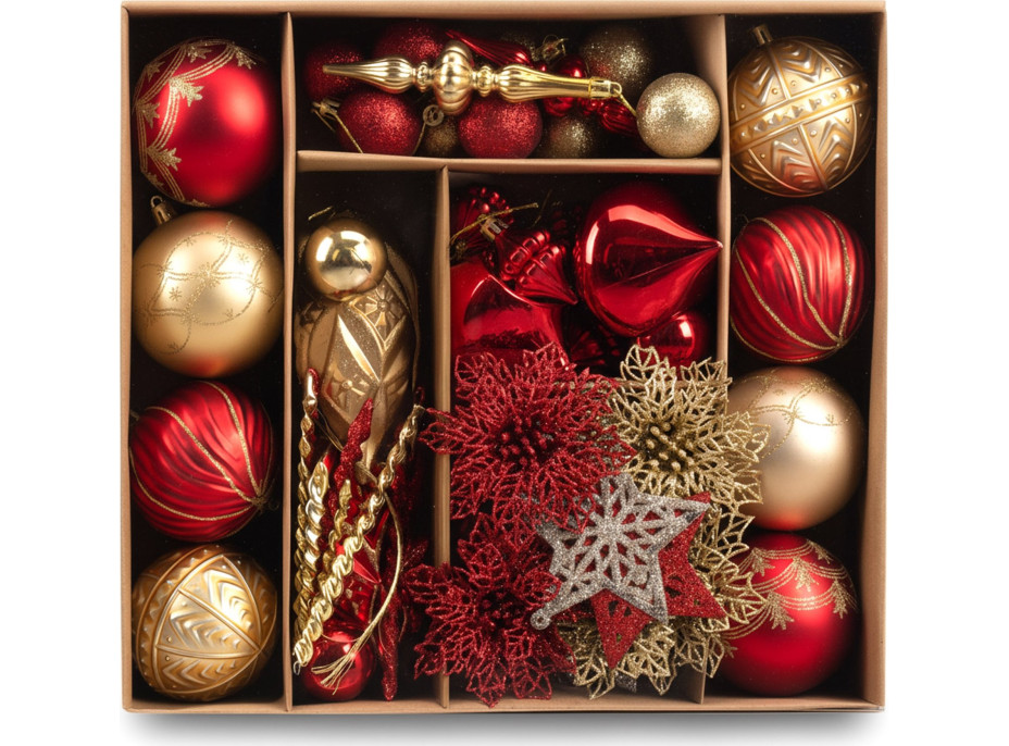 Sada vánočních ozdob na stromeček MARIEN - 70 kusů - červené/zlaté