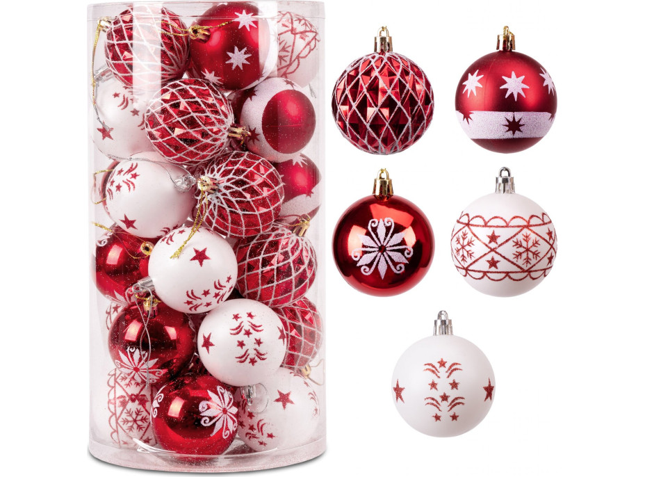 Sada vánočních baněk na stromeček SAPIN - 30 kusů - červené/bílé