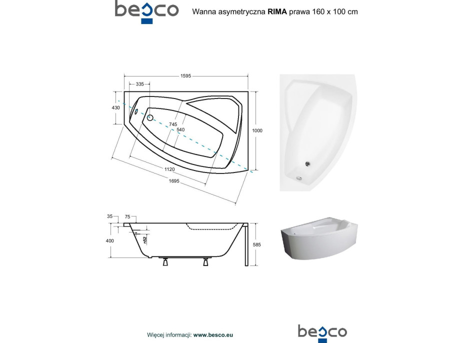 Asymetrická vana RIMA 160x100 cm - bez nožiček, pravá
