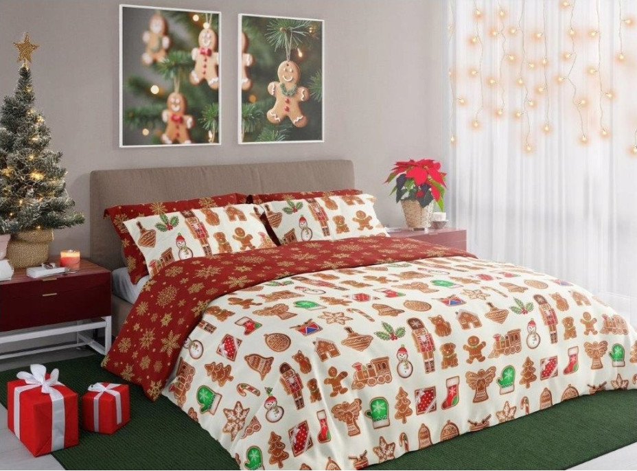 Bavlněné povlečení SCANDIC Perníčky - béžové/červené - 220x200 cm