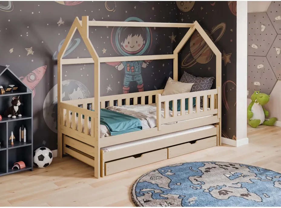 Dětská domečková postel s přistýlkou a šuplíky MATYLDA - 200x90 cm - přírodní borovice