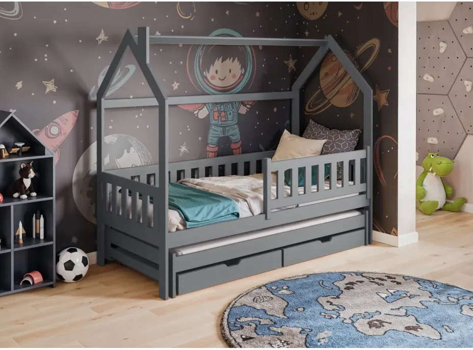 Dětská domečková postel s přistýlkou a šuplíky MATYLDA - 200x90 cm - šedá