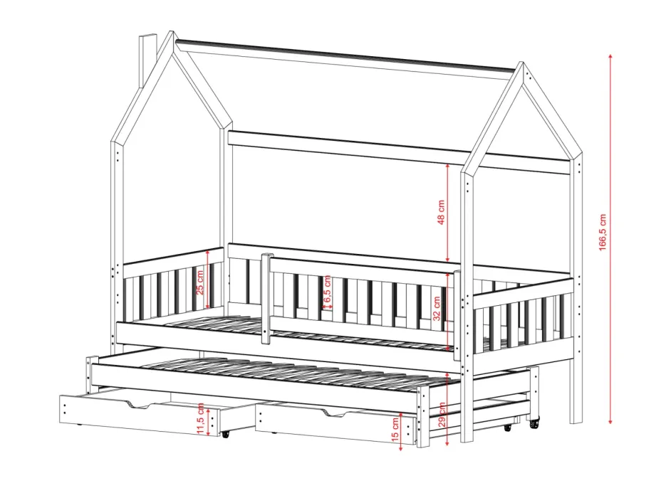 Dětská domečková postel s přistýlkou a šuplíky MATYLDA - 200x90 cm - šedá